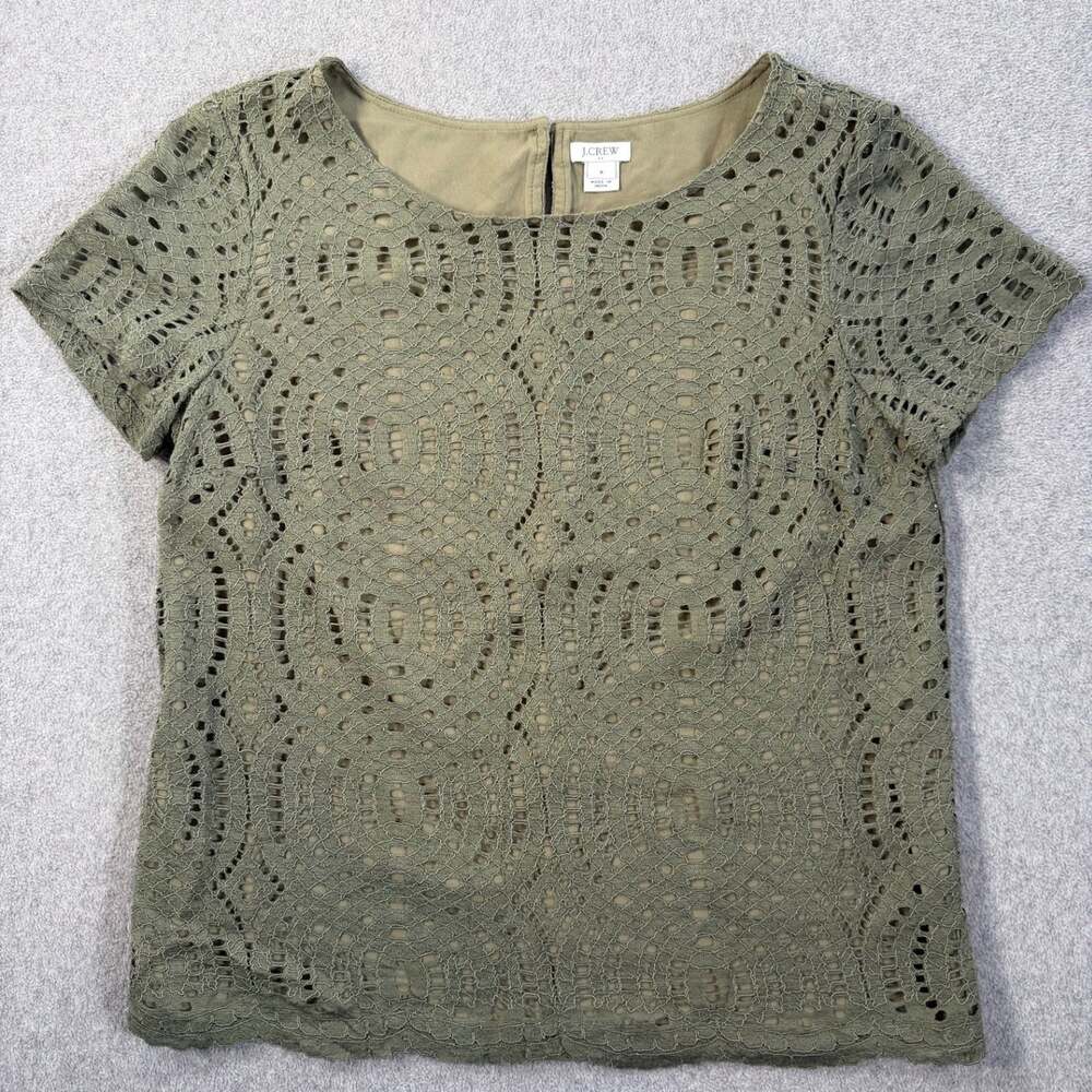 J.Crew Women's Size 8 Olive Green Lace Eyelet Short Sleeve Top Blouse Lined